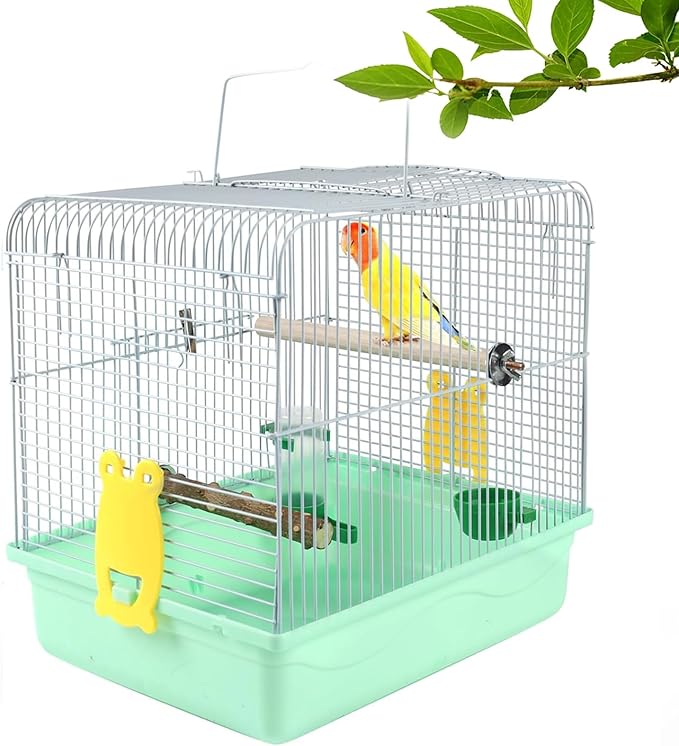 Portable Bird Cage for Small Birds - Green Bird Cage for Travel, Going Out, Walking to The Vet with Station Pole Food Box Water Fountain