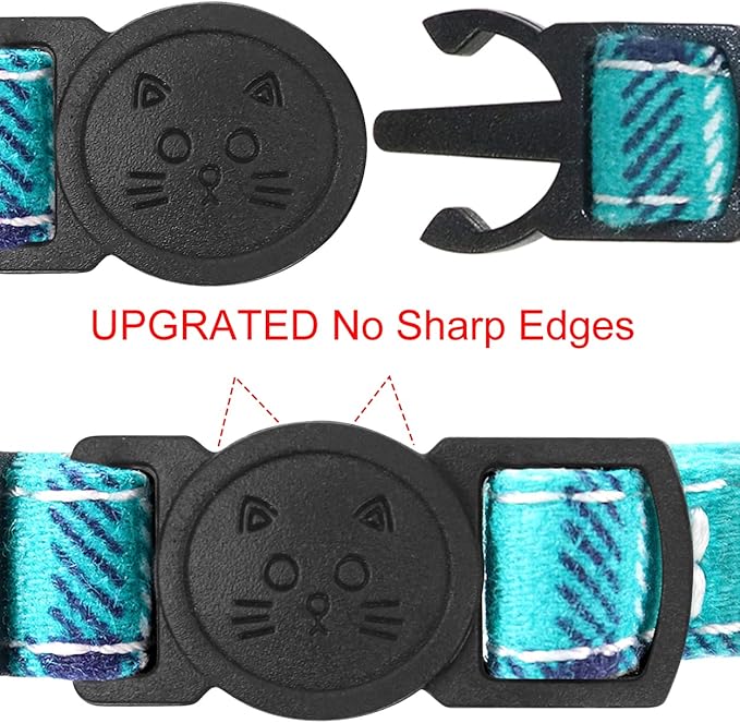 Joytale Upgraded Cat Collar with Bells, Breakaway Cat Collars with Bow Tie, 1 Pack Girl Boy Safety Plaid Kitten Collars, Teal
