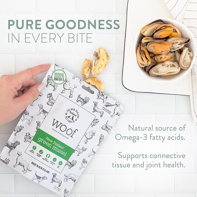 WOOF Freeze Dried Dog Treats - High Protein, Small & Large Dog, Natural, Topper, Treat, Green Mussels - 1.76 oz