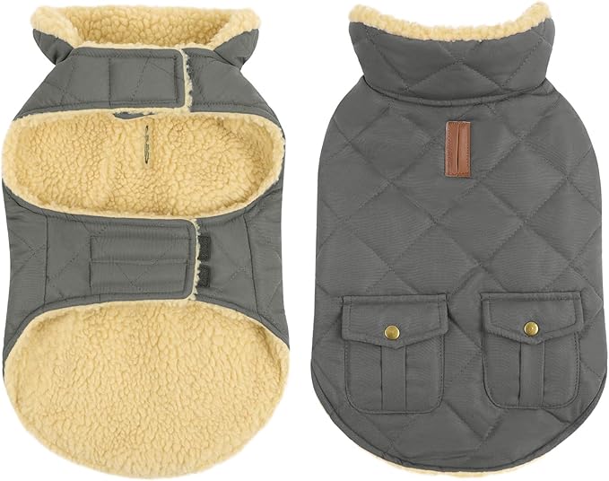 Queenmore Dog Winter Coat - Fleece Jacket, Waterproof Cold Weather Clothes, Thick Warm Cotton Padding, Easy On/Off Storage Pockets (Grey, X-Small)