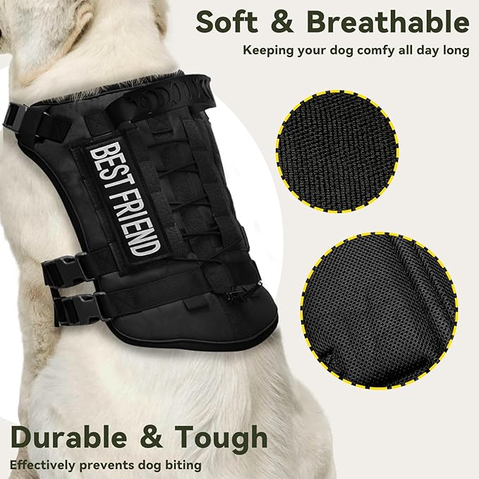 Tactical Dog Harness for Dogs,Tactical Vest and Leash Set,Patches,Adjustable and Reflective Military Pet Harness for Training,Black XL