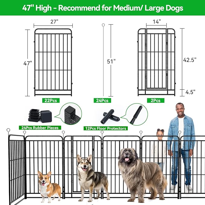 Dog Playpen Outdoor 24 Piece Panels Heavy Duty Dog Fence 47" Height with Thick Pipe Anti-Rust with Doors Portable for RV Camping Yard, Total 54FT, 227 Sq.ft, Snowy Black