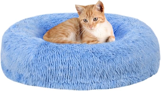 Calming Donut Pet Bed for Cats and Small Dogs, Washable Anti-Anxiety Round Bed with Non-Slip Bottom, [23.62 x 23.62 x 5.9 Inch] Plush Dog Cat Bed for Small Medium Pets(Blue)