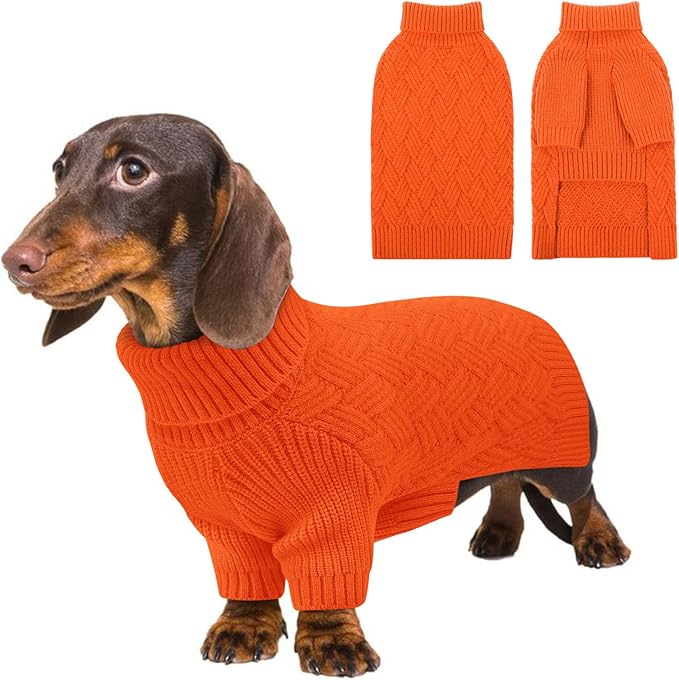 KOESON Small Dog Sweater Female and Male, Cable Knit Dog Sweaters with Sleeves, Easy On Halloween Sweaters for Dachshund, Chihuahua, Pug, Yorkie, Warm Winter and Fall Apparel for Small Dogs, Orange, S