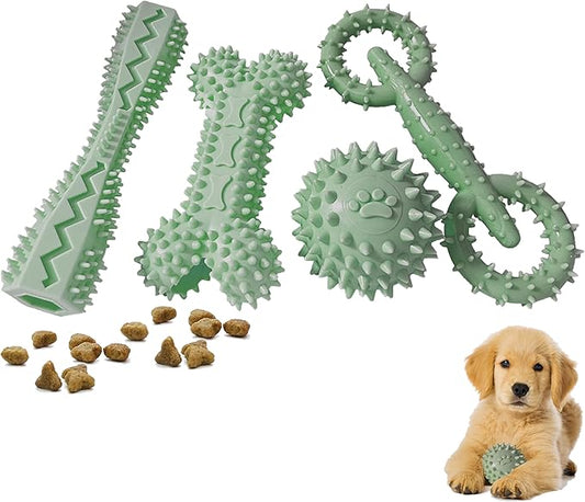 4 Pack Puppy Toys for 2-8 Months Pets Dog Chew Toy for Small Puppies Teething Toys for Cleaning Teeth Food Dispensing Soft Durable Rubber Bone Funny Ball Interactive Donut Treat Dumbbell (Green)
