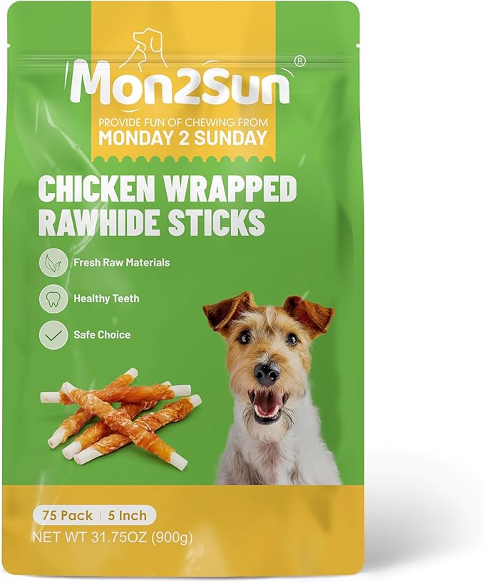 MON2SUN Dog Treats, 5 Inch Rawhide Twist Chicken Hide Sticks, Suitable for Puppy and Small Dogs, 5 Inch (Chicken, Pack of 75)