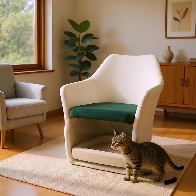 Velvet Chair with Cat Bed for Cats Lover, Pet-Friendly Single Sofa Armchair with Pet Nest for Living Room, White.