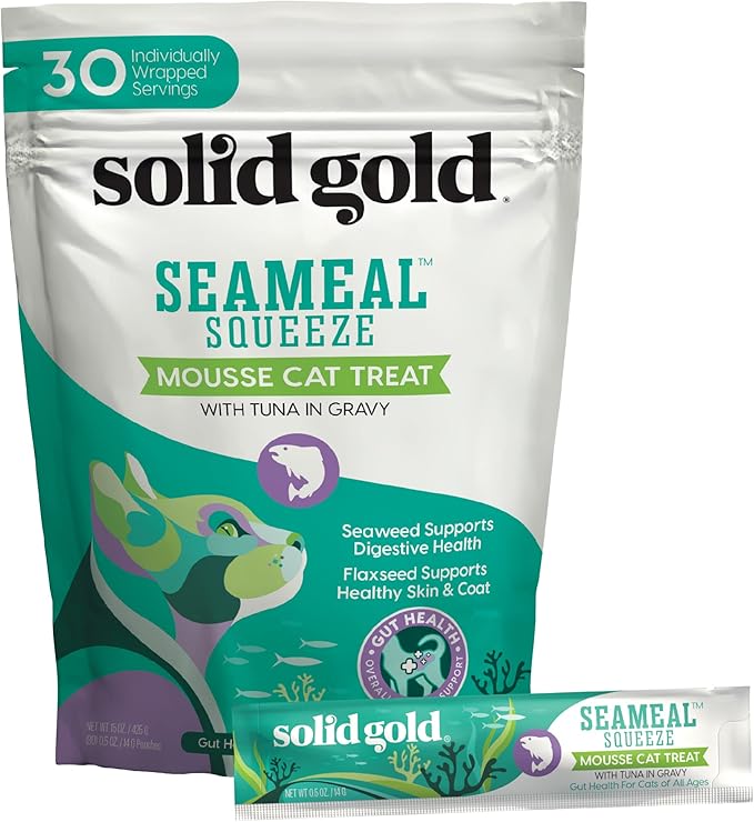 Solid Gold Lickable Cat Treats - Limited Ingredient Tuna SeaMeal™ Squeezable Healthy Cat Treats for Indoor Cats w/Seaweed for Gut & Immune Support - 0.5oz Pack of 30