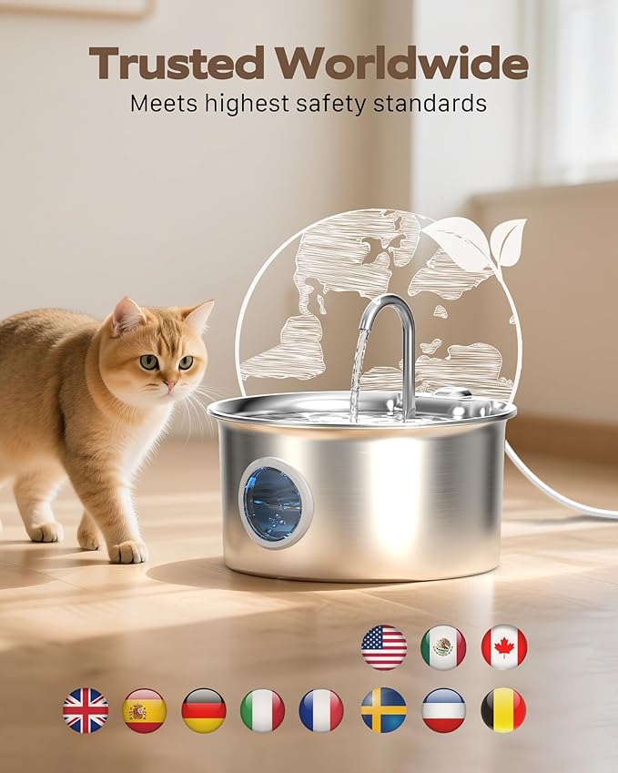 Stainless Steel Cat Water Fountain: Cat Fountain for Drinking - 88oz/2.6L Pet Water Fountain for Cats Inside- Silent Cats Water Bowl Dispenser - Kitty Drinking Fountains - 6 Filters + 3 Sponges