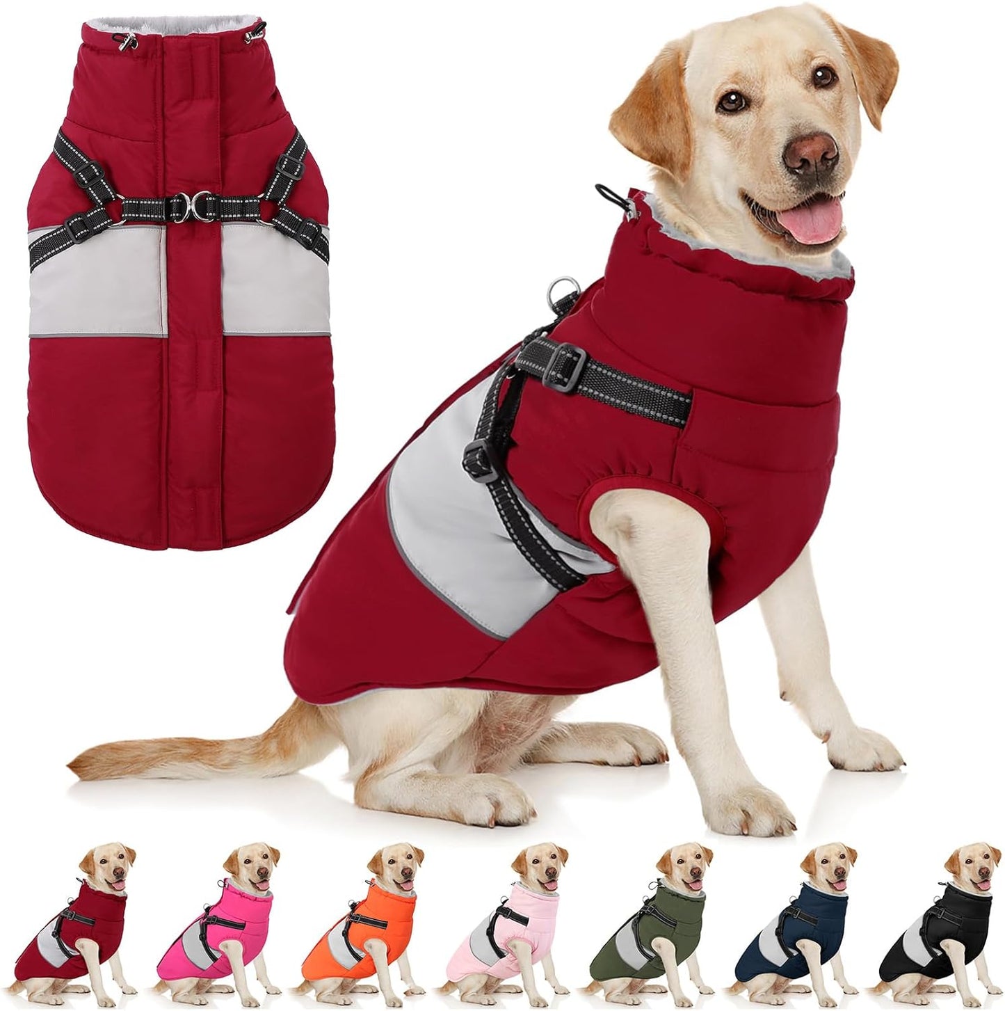 AOFITEE Dog Winter Coat, Dog Coat with Harness Built in, Dogs Jacket for Large Dogs, Reflective Waterproof Pet Puffer Jacket Snowsuit, Warm Fleece Windproof Pet Sweater for Cold Weather, XL