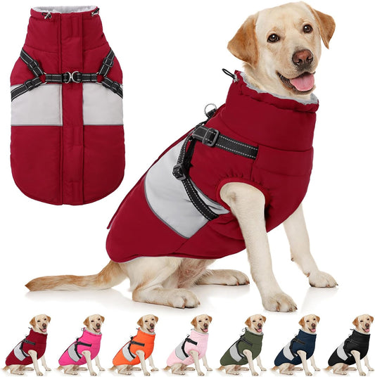 AOFITEE Dog Winter Coat, Dog Coat with Harness Built in, Dogs Jacket for Large Dogs, Reflective Waterproof Pet Puffer Jacket Snowsuit, Warm Fleece Windproof Pet Sweater for Cold Weather, XL
