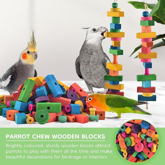 Bird Toys for Parrot, 165 Pcs Colorful Multi-Shaped DIY Wooden Blocks Craft, Birds Cage Chewing Playing Training Toy for Large Cockatoos, Macaws, African Grey and Small Medium Parrots