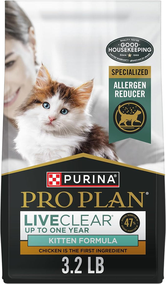 Purina Pro Plan LiveClear Dry Cat Food for Kittens Cat Allergen Reducer Chicken and Rice Formula - 3.2 lb. Bag