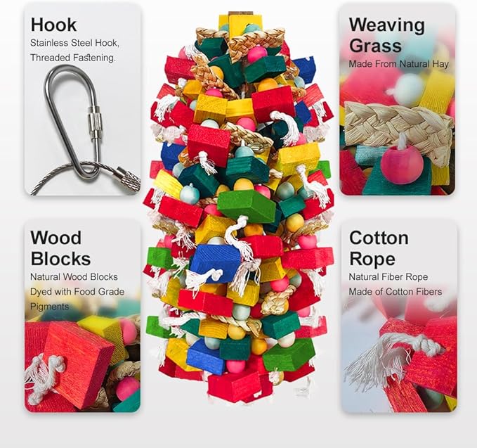 Bird Toys for Large Parrots Colorful Natural Wood Block Parrots Chew Foraging Toys for Bird Cages Cockatoos, Macaws, African Greys, and Amazons