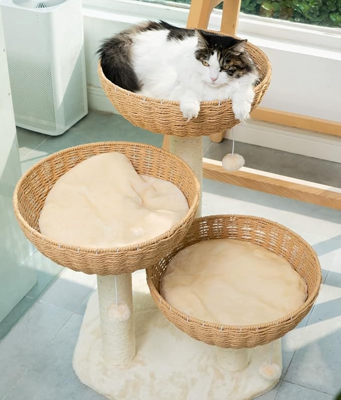 SHENGOCASE Cat Tree Tower with Rattan Wicker Basket, 3 Handwoven Large Nest Baskets Bed, Window Perch for Large Cats up to 20LBS