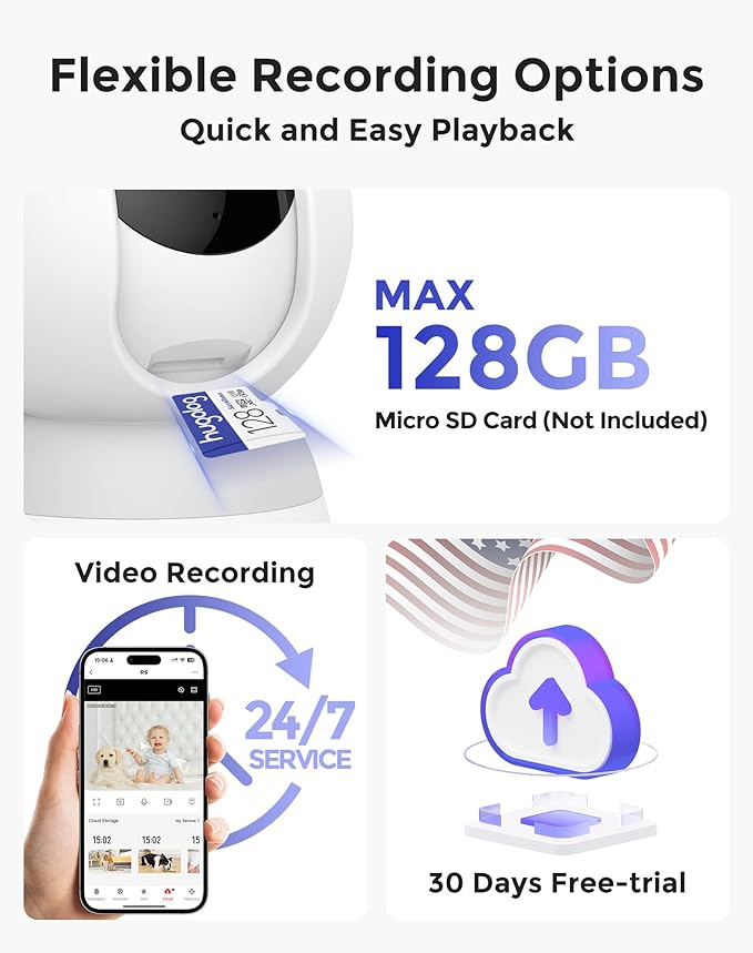 Hugolog 3K 5MP Indoor Pan/Tilt Security Camera with Auto-Focus,Ideal for Baby Monitor/Pet Camera/Home Security,Starlight Color Night Vision,Human/Pet AI,Noise Reduction,US Cloud,Works with Alexa