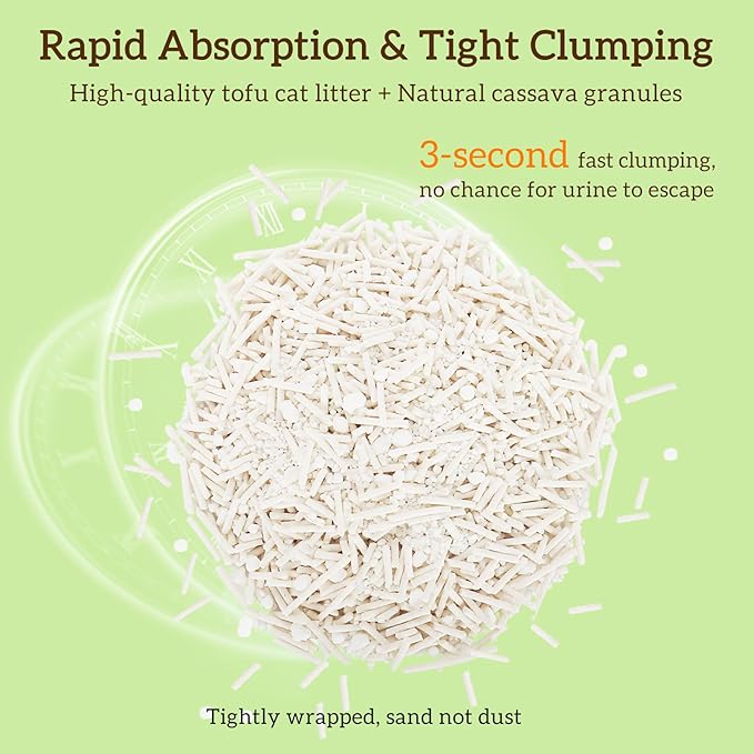 Non-Stick Box Tofu Cat Litter Mix Cassava, Strong Clumping Low Tracking Kitty Litter, Natural Biodegradable Litter, Plant Odor Control, Low Dust Easy to Scoop, Light Color for Health Tracking, 9Lb