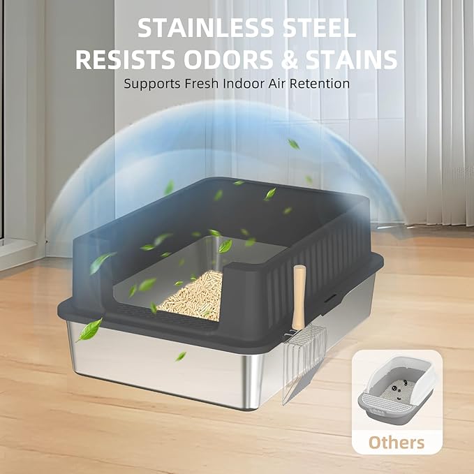 Stainless Steel Litter Box - 28" Extra Large XXXL Cat Litter Box with High Sides, Non-Sticky & Anti-Leakage for Big Cats/Multiple Cats, Includes Heavy Duty Metal Scoop (Black)