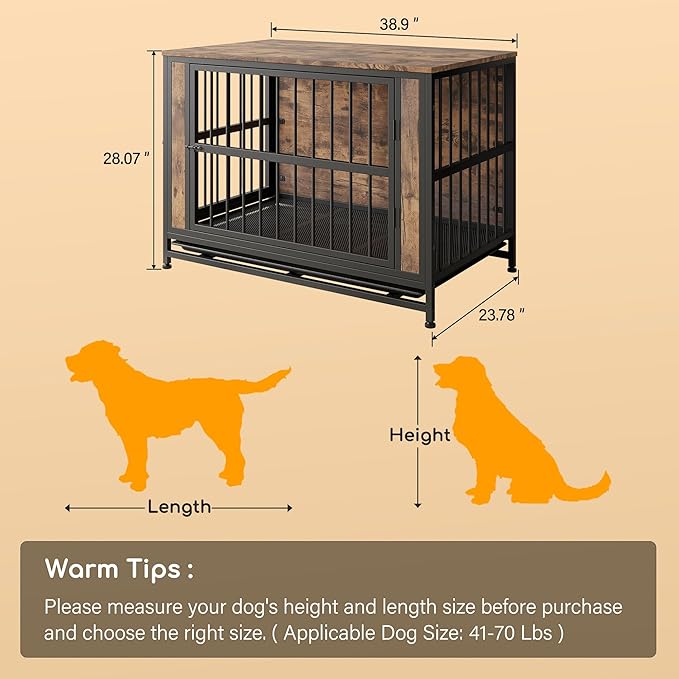 Rustic Large Dog Cage Furniture, Brown Wooden Dog Crate Kennel Furniture, Decorative Dog House Indoor End Table for Small Medium Large Dog