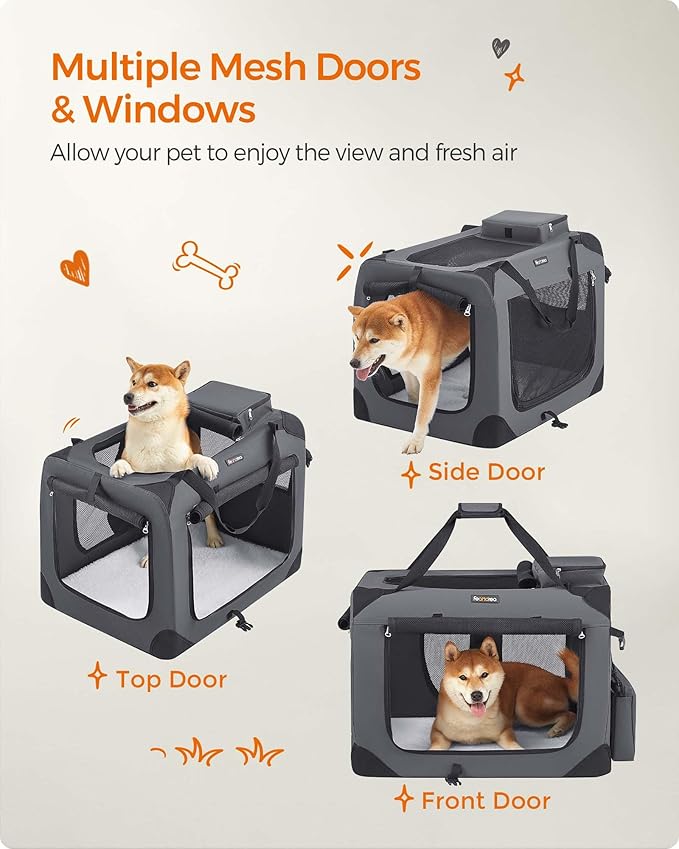 Feandrea 28 Inches Collapsible Soft Dog Crate, Portable Travel Dog Crate for Indoor and Outdoor Use, Dog Carrier Kennel with Safety Zippers, for Living Room, Car, Travelling, Camping, Gray UPDC70GY