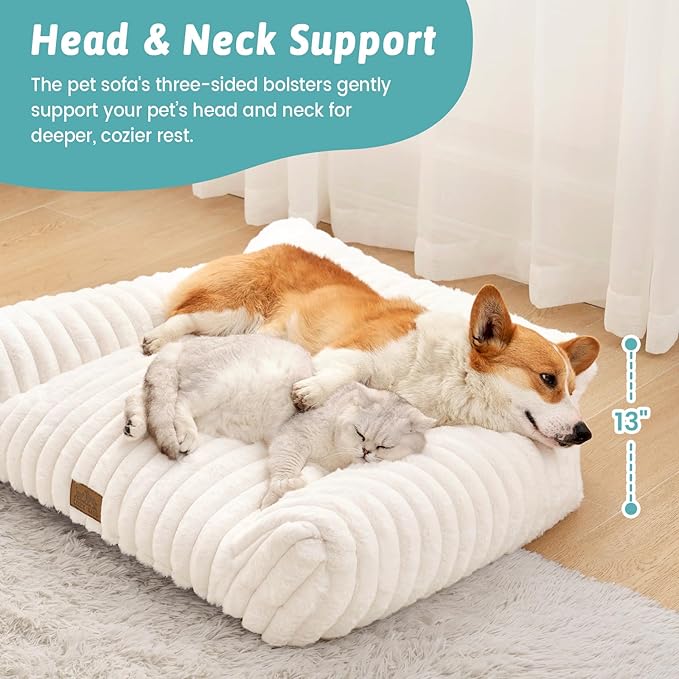 Cute Cat Couch, Premium Plush Faux Fur Pet Couch Bed, Ultra-Soft Pet Furniture for Cats & Small Dogs (Cream, M: 31.5''x23.5'')