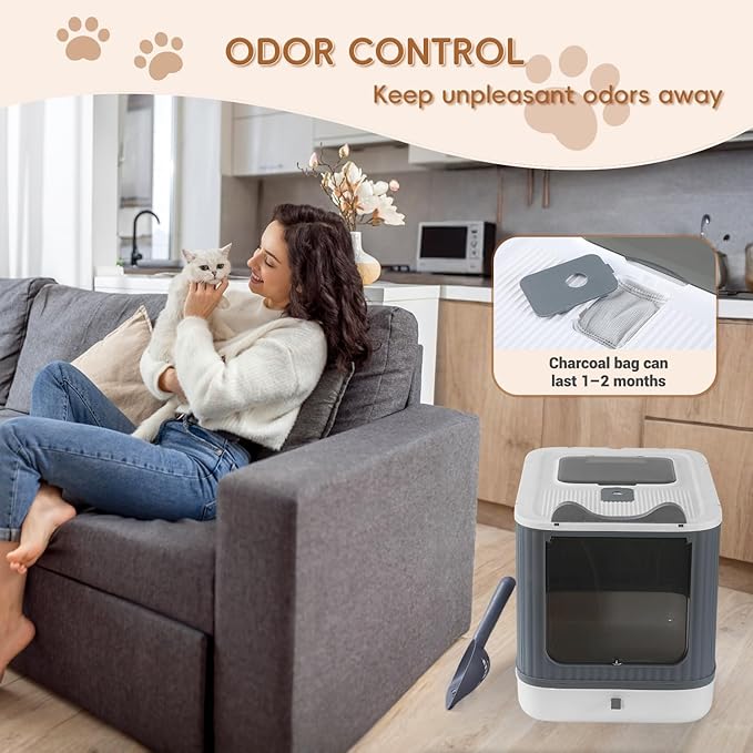 Foldable Cat Litter Box, Fully Enclosed Litter Box with Lid, Covered Kitty Kitten Litter Boxes Enclosure with Scoop, Odor Control, Easy to Clean, 3 Modes for Cat up to 12 lbs(White&Grey)