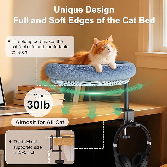 Cat Desk Bed, 360-Degree Rotating Hammock Perch, Cat Bed with Height Adjustable, Machine Washable, Gray