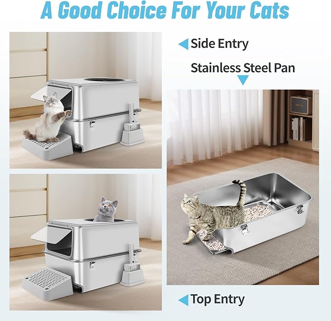 Stainless Steel Litter Box with Pull-Out Drawer, 23.6"L x 15.8"W x 15.8"H Enclosed Metal Cat Litter Box Tray with High Sides, Scoop, Filter Pedal, Top & Side Entry, Non-Sticky, Easy Cleaning