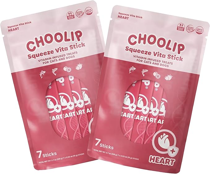 Choolip 2-Pack | Squeeze Vita Stick Lickable Treats for Dogs & Cats. 7 Heart Support Sticks with Essential multivitamins. Soft and Tasty Paste for All Life Stages, Supporting Heart Health