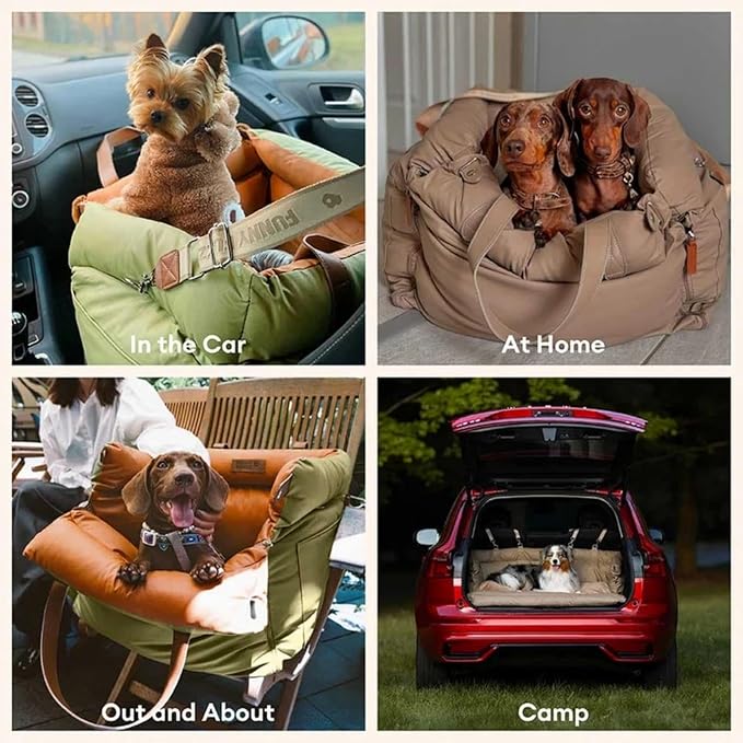 FUNNYFUZZY Dog Car Seat for Small Dogs, Waterproof Dog Car Bed with Storage Pocket, Safety Clip-On Dogs Leash, Detachable Portable Pet Carseat (Green, 37.4 * 16.5 * 17.7 inches)