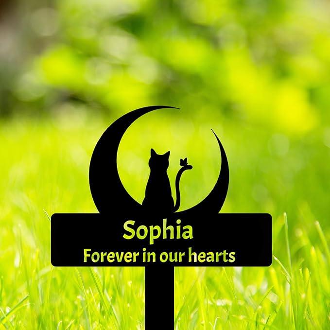 Personalized Moon Cat Memorial Grave Marker, Custom Cat Memorial Stake Grave Marker, Customized Moon and Cat Stake Metal Cat Grave Marker Pet Memorial Grave Sign Garden Plaque