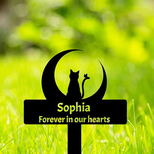 Personalized Moon Cat Memorial Grave Marker, Custom Cat Memorial Stake Grave Marker, Customized Moon and Cat Stake Metal Cat Grave Marker Pet Memorial Grave Sign Garden Plaque