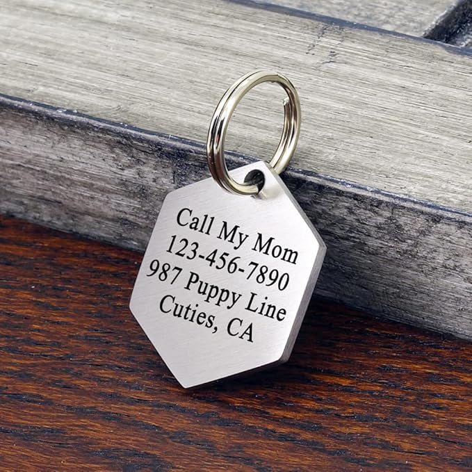 Ultra Joys Stainless Steel Pet ID Tag - Personalized Front and Back Engraving, Cat & Dog Tags, Optional Engraved Both Sides, Hexagon Mountain Design, Silver Large