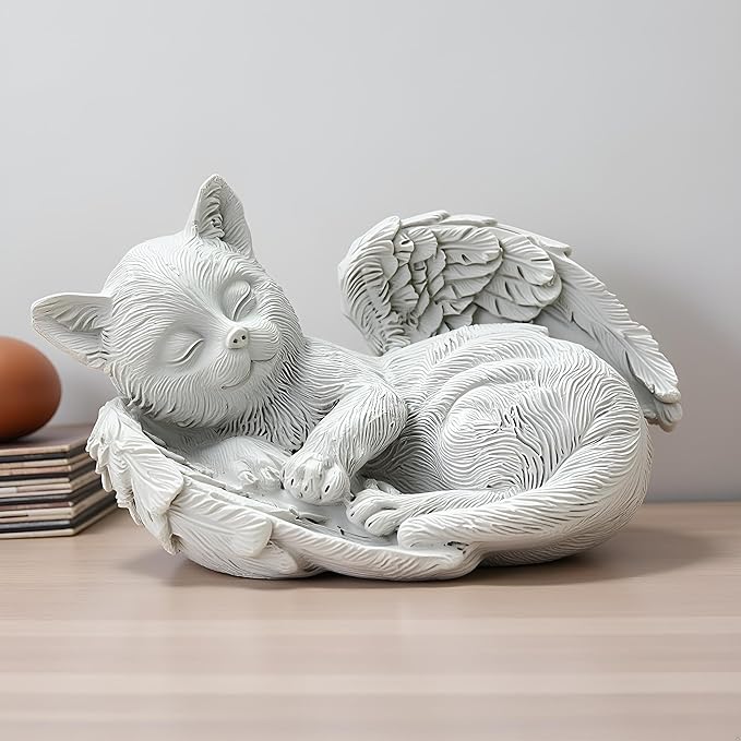 Small Cat Memorial Stone Commemorates Our Lost Fur Baby,Peaceful Sleeping Angel Statue for Garden,Indoor,Pet Grave Markers,and Loss of Cat Sympathy Gift (White, Small)