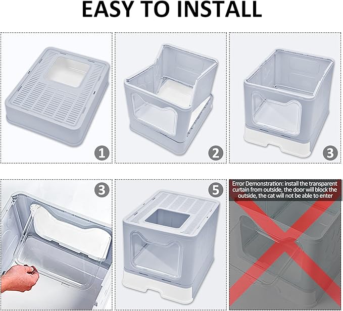 Top Entry Cat Litter Box With Lid - Enclosed Anti-Splashing Potty, Foldable Large Covered Toilet Pan, Cat Supplies With Scoop, Brush and Garbage Bag