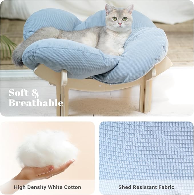 CHEERHOME PETS Elevated Cat Bed Wooden with Cushion Fluffy Pet Couch Sofa for Indoor Cats Raised Kitty Lounge Chair Suitable for Puppy, Cat Furniture(Light Blue)