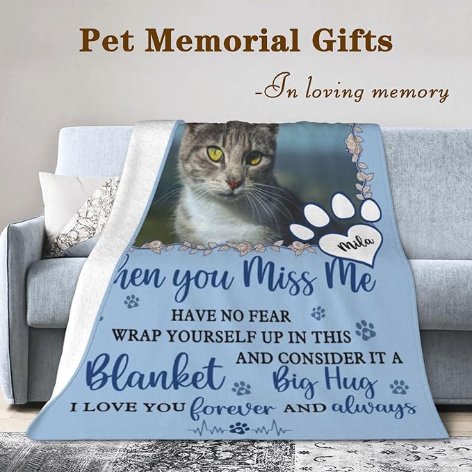 Custom Pet Memorial Blanket with Photo,Personalized Dog/Cat Loss Sympathy Gift,Pet Loss Bereavement Remembrance Gifts,Flannel Throw Blanket with Pictures (Blue)