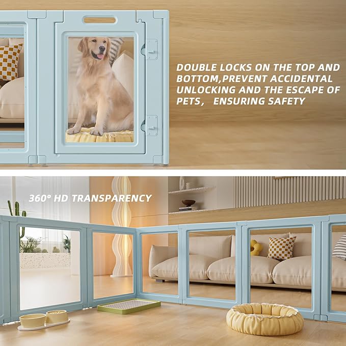 DIY Clear Acrylic Dog Playpen House,Quick Easy Assembly and Disassembly,Strong Floor Suction,Indoor and Outdoor Use,Easy Cleansing Puppy Fence (Sky Blue, 30.3" H, 12PCS)