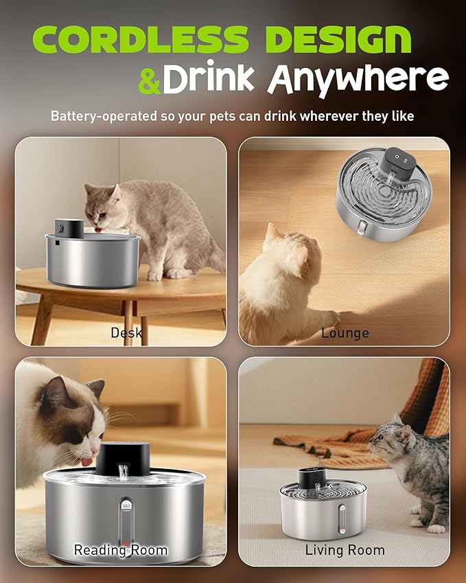 No Pump Cat Water Fountain Stainless Steel, 6 Pack Filter