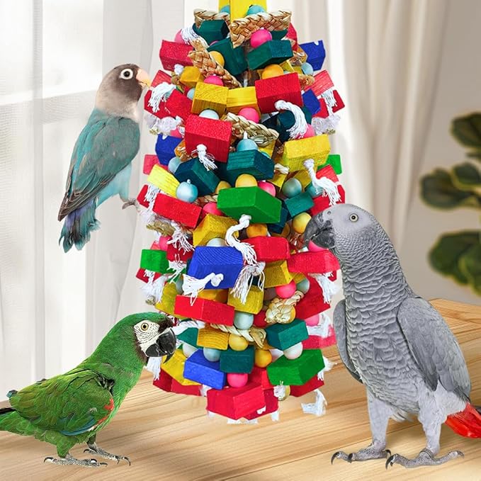Bird Toys for Large Parrots Colorful Natural Wood Block Parrots Chew Foraging Toys for Bird Cages Cockatoos, Macaws, African Greys, and Amazons
