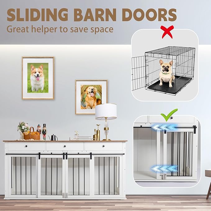 Sunseen Dog Crate Furniture Large Breed Wooden Dog Kennel with Room Divider & 3 Drawer,Double Doors Heavy Duty Dog Crate End Table Indoor TV Stand for Small Medium Large Dog,72''W*24''D*35''H,White
