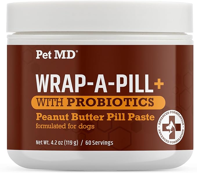 Pet MD Wrap-A-Pill with Dog Probiotics - Pill Wrap for Dogs Medicine - Easy-to-Use Paste to Hide Capsules, Create Pockets and Treats for Dogs - Peanut Butter (4.2oz)