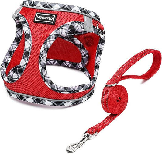Mercano Soft Mesh Dog Harness and Leash Set, No-Chock Step-in Reflective Breathable Lightweight Easy Walk Vest Harnesses with Safety Buckle for Small Dogs, Cats (Red, XS)