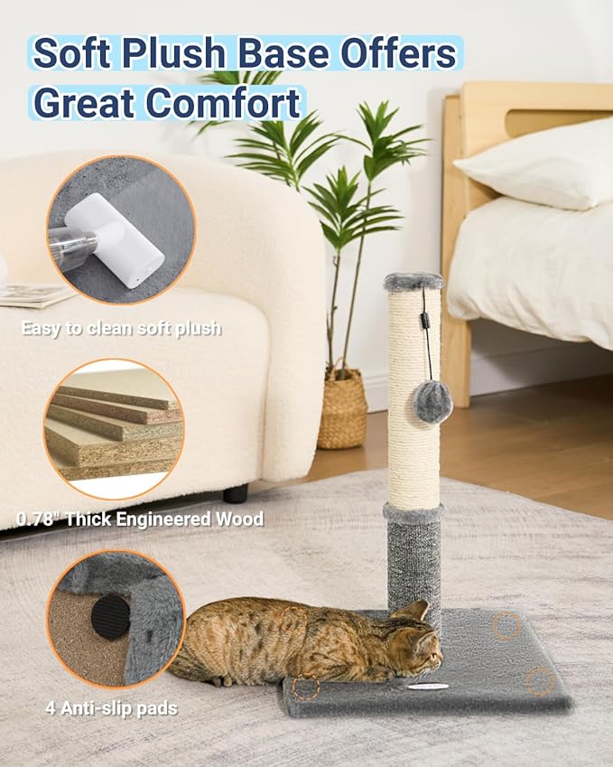 Happi N Pets Cat Scratching Post, Cat Scratcher for Indoor Cats, Sisal Scratching Post & Carpet Post in One, Stable Kitten Scratching Post with Replaceable Toy, Extra Free Toy, Light Gray