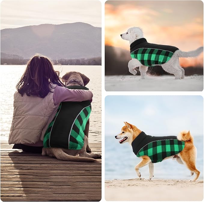 Kuoser Dog Winter Coat, Reversible Waterproof Dog Jacket with Reflective Strip, Warm Dogs Fleece Vest Adjustable Doggy Cold Weather Clothes Plaid Christmas Outfit Pet Apparel for Medium Dogs, Green M
