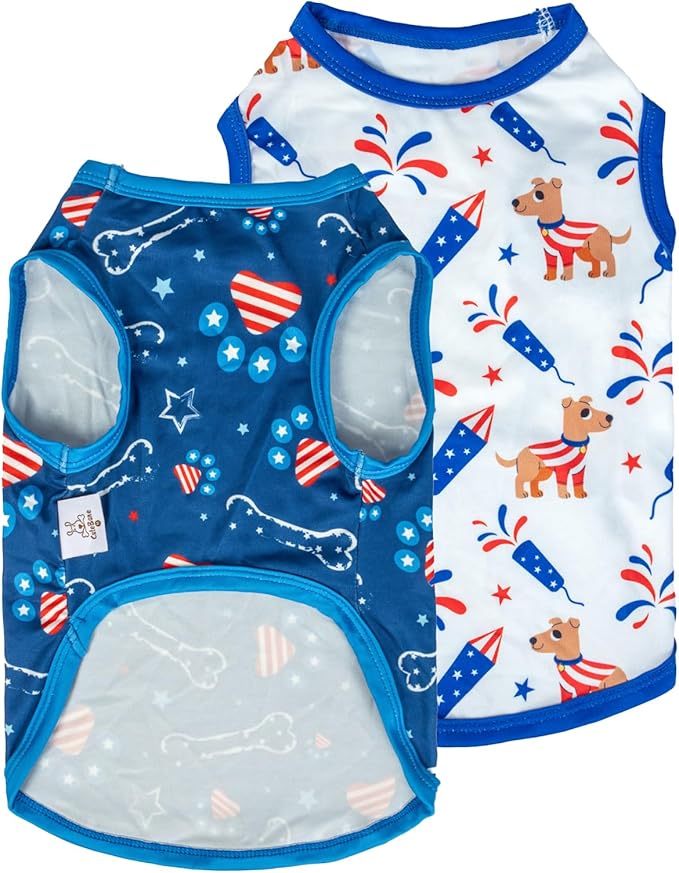 CuteBone 4th of July Dog Shirts 2-Pack Soft Pet Clothes Breathable Summer Vest for Small Puppy and Stretchy Cat Apparel 2BX17S