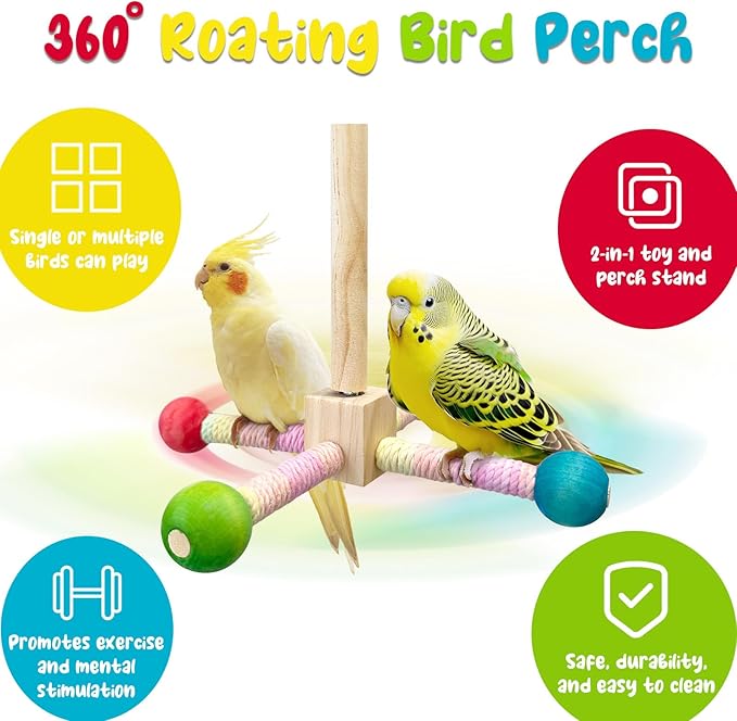 Parakeet Toys, Bird Toy Conure Grass Mat Budgie Shredder Hanging Set Cockatiel Foraging Toys Parrot Climbing WallToy Lovebird Cage Accessories for Small Birds (360 Spinning Toy)