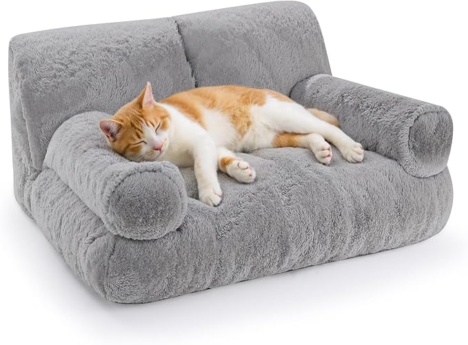 Gimars Upgrade Large Cat Bed for Indoor Cats -Added 10% More Stuff Sponge, Orthopedic Pet Couch Beds with Bolstered Edges, Fluffy Washable & Removable Cover, Anti Slip Base, Grey