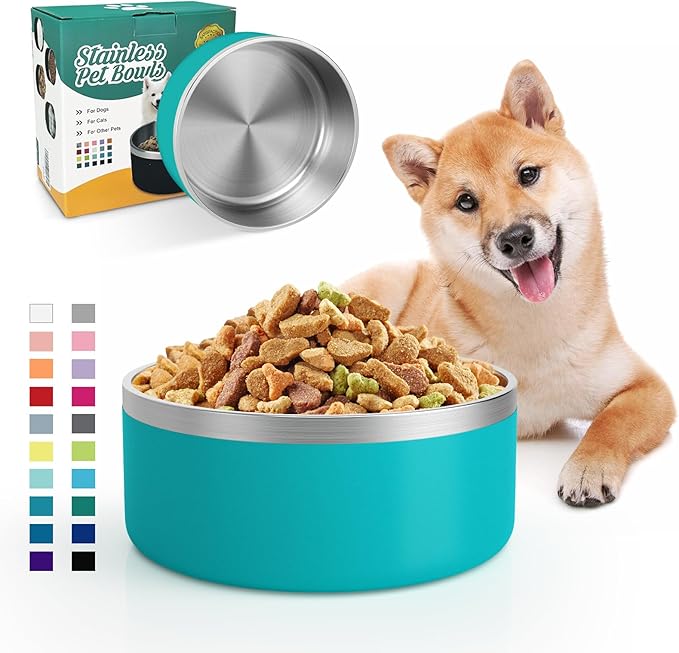 IKITCHEN Dog Bowl for Food and Water, 64 Oz Stainless Steel Pet Feeding Bowl, Durable Non-Skid Double Wall Insulated Heavy Duty with Rubber Bottom for Medium Large Dogs (64 Ounces/8 Cup, Lakeblue)