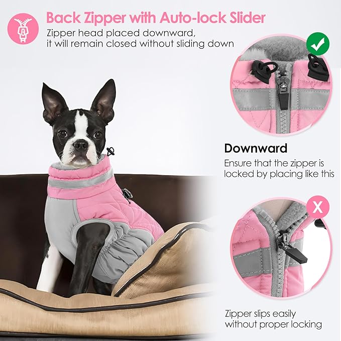 AOFITEE Dog Coat, Warm Dog Winter Coat, Reflective Cold Weather Dogs Puffer Jacket with Harness Built in, Waterproof Pet Fleece Vest Snowsuit for Small Medium Large Dogs, Pink L